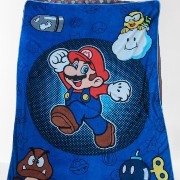 Vintage Super Mario Nintendo Fleece Blanket Reversible Bullet Bill Goomba - Picture 1 of 2